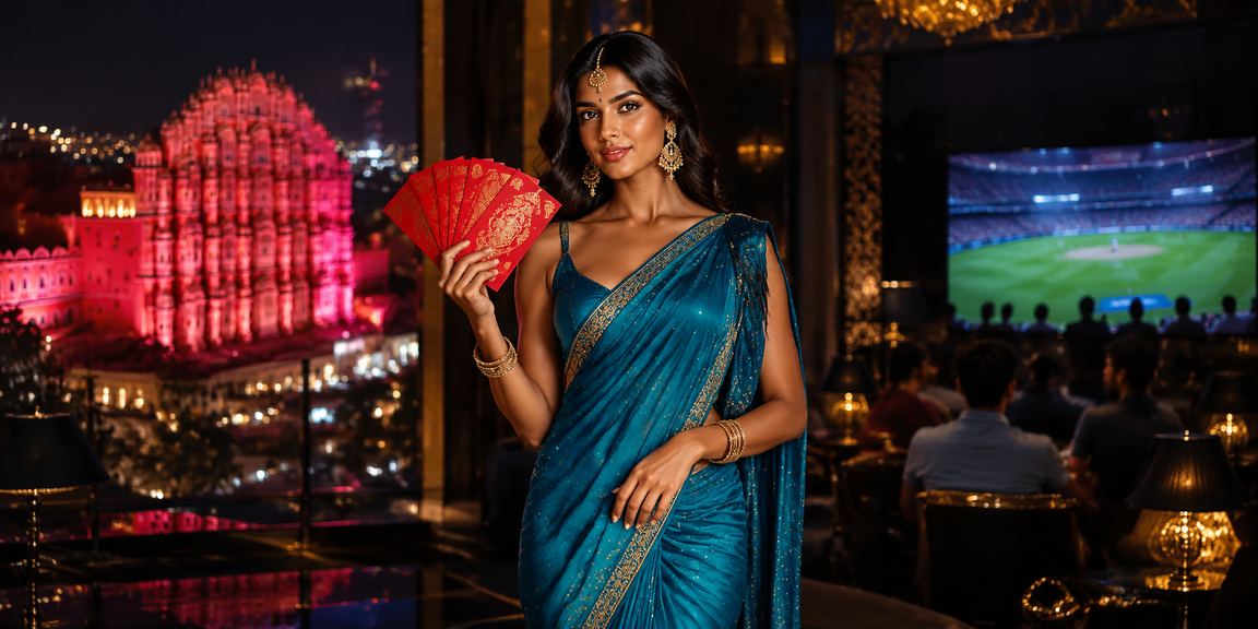Jaipur Hawa Mahal cricket betting scene with traditional saree colors