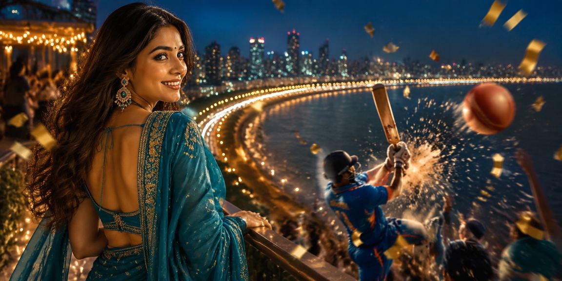 Mumbai Marine Drive cricket betting scene with traditional saree colors