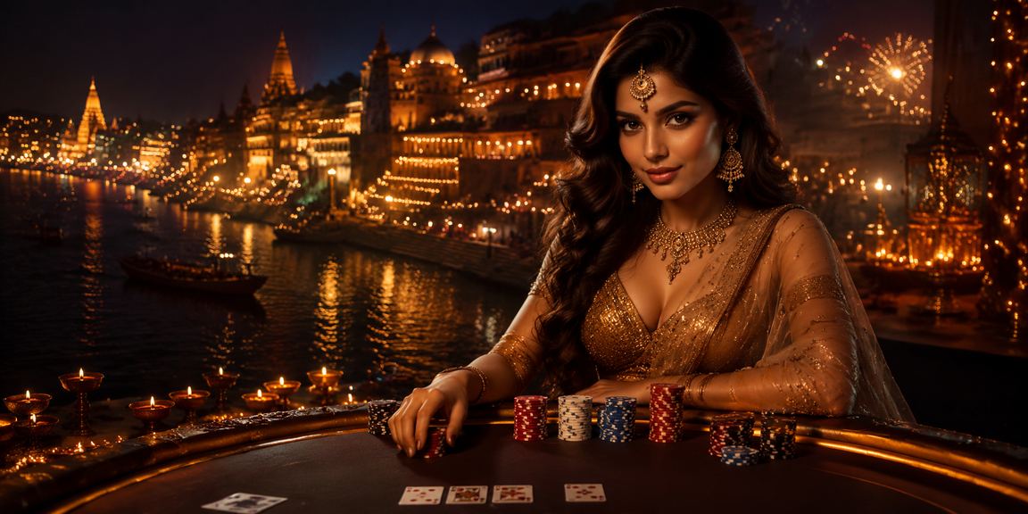 Poker games during Diwali festival at Varanasi ghat with festive lights